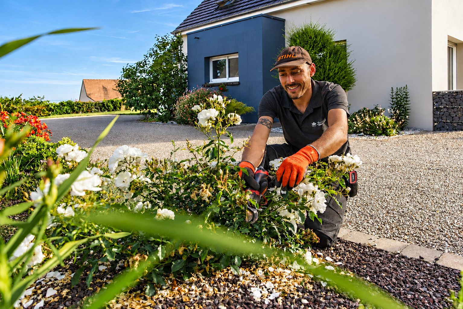 Un jardinier souriant, casquette Stihl et gants orange, taille un massif de rosiers blancs devant une maison à façade bleue et grise.